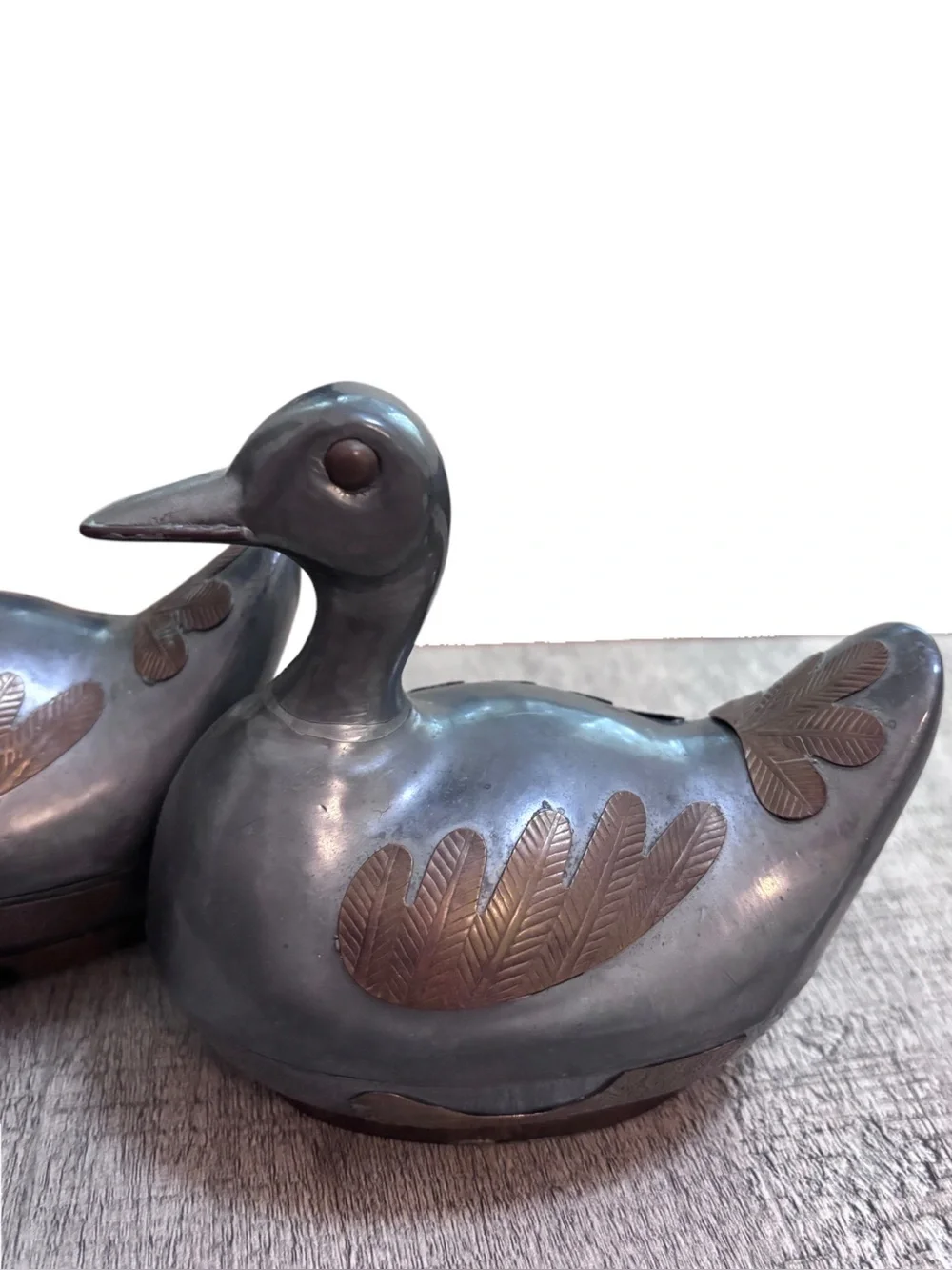Two Vintage 5” Pewter w/ Brass Ducks w/Lids Trinket Box Heavy - Mid Century